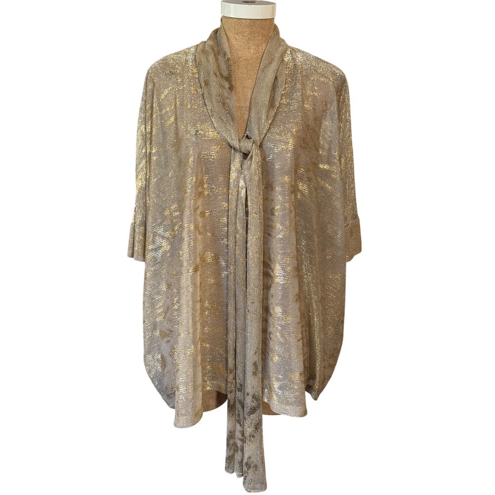 Grayse Women’s Medium Large Elegant Tie Front Gold Lame Evening Blouse Shirt Top